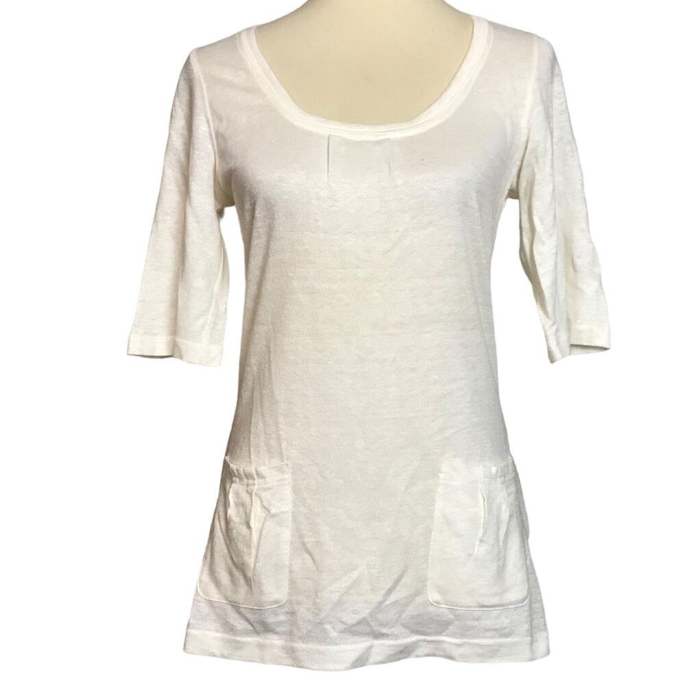 Jenni Kayne 100% Linen White Scoop Neck Half Sleeve Hip Pocket Casual Shirt XS